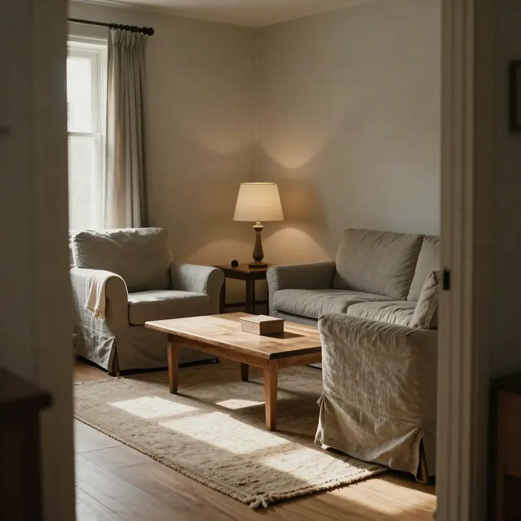 Family sitting room with two angled chairs, a cream throw, and a keepsake box in warm afternoon light.