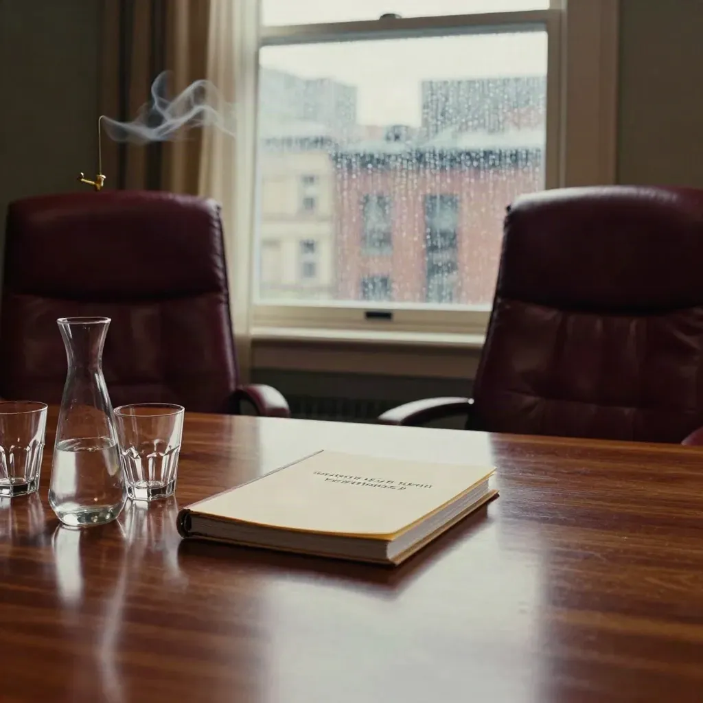 Rainy boardroom with leather chairs, closed case binder and water carafe by a city window.