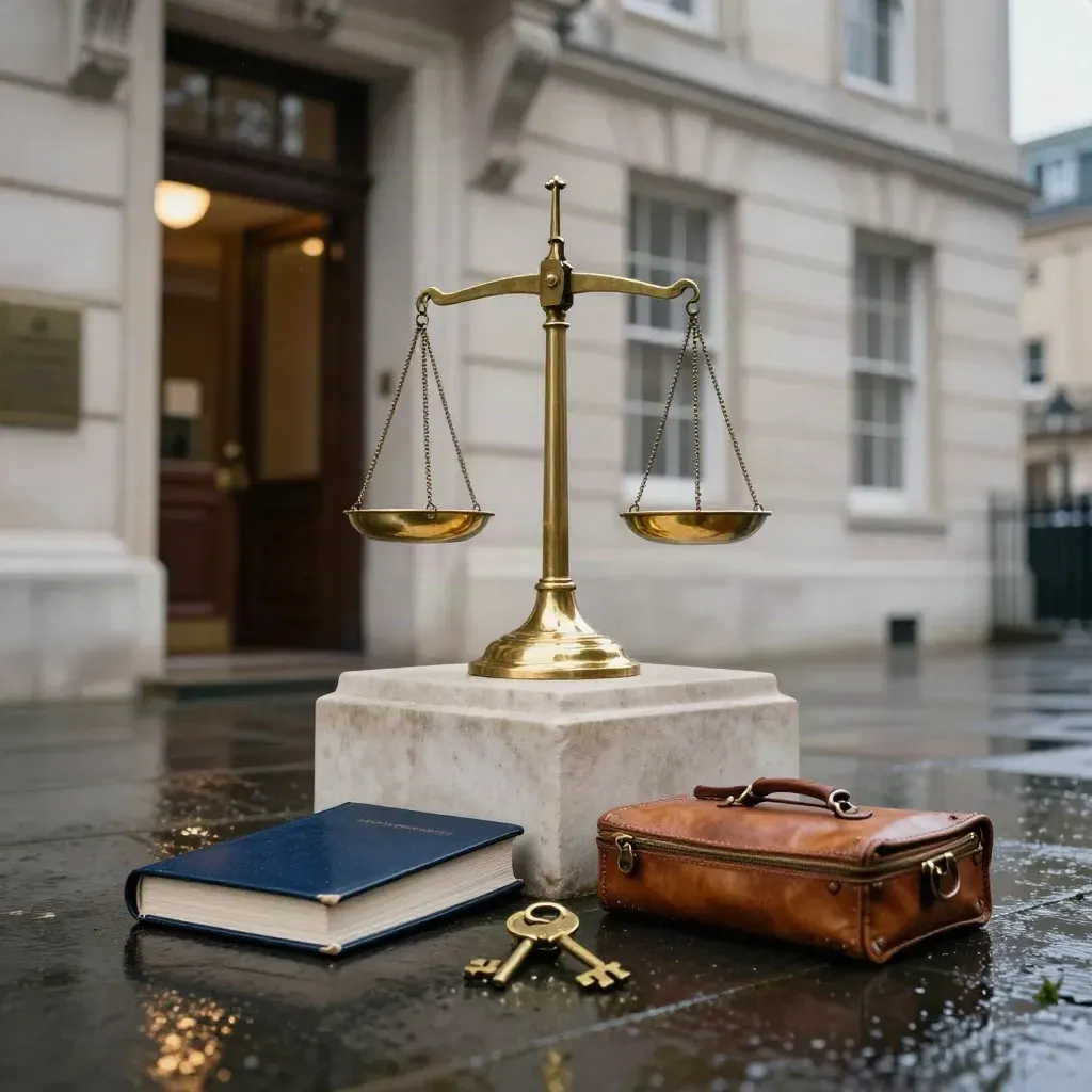Brass balance scales outside a Georgian law office with keys, portfolio and wet stone.