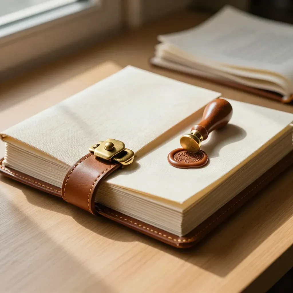 Closed legal folio with brass clasp, wax seal and dividers on a pale oak desk.