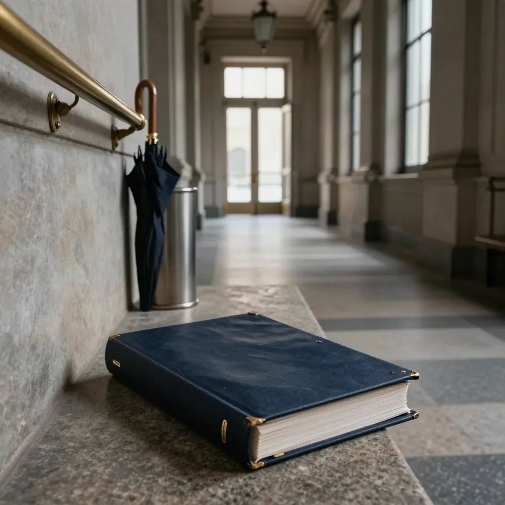 Courthouse corridor with a closed litigation file on a stone bench and white light ahead