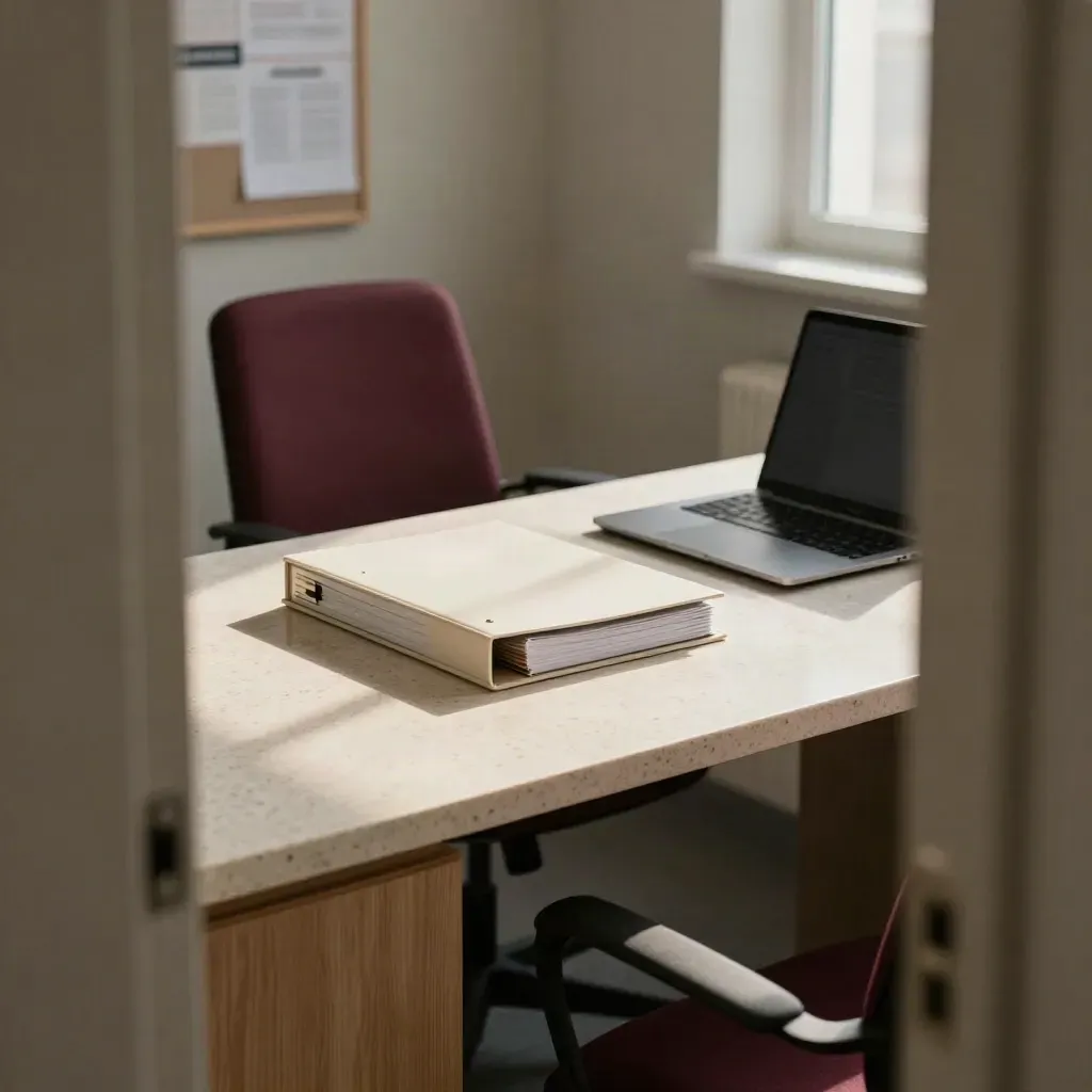 Quiet law office workspace with binder, shut laptop, chair and blurred noticeboard in morning light.