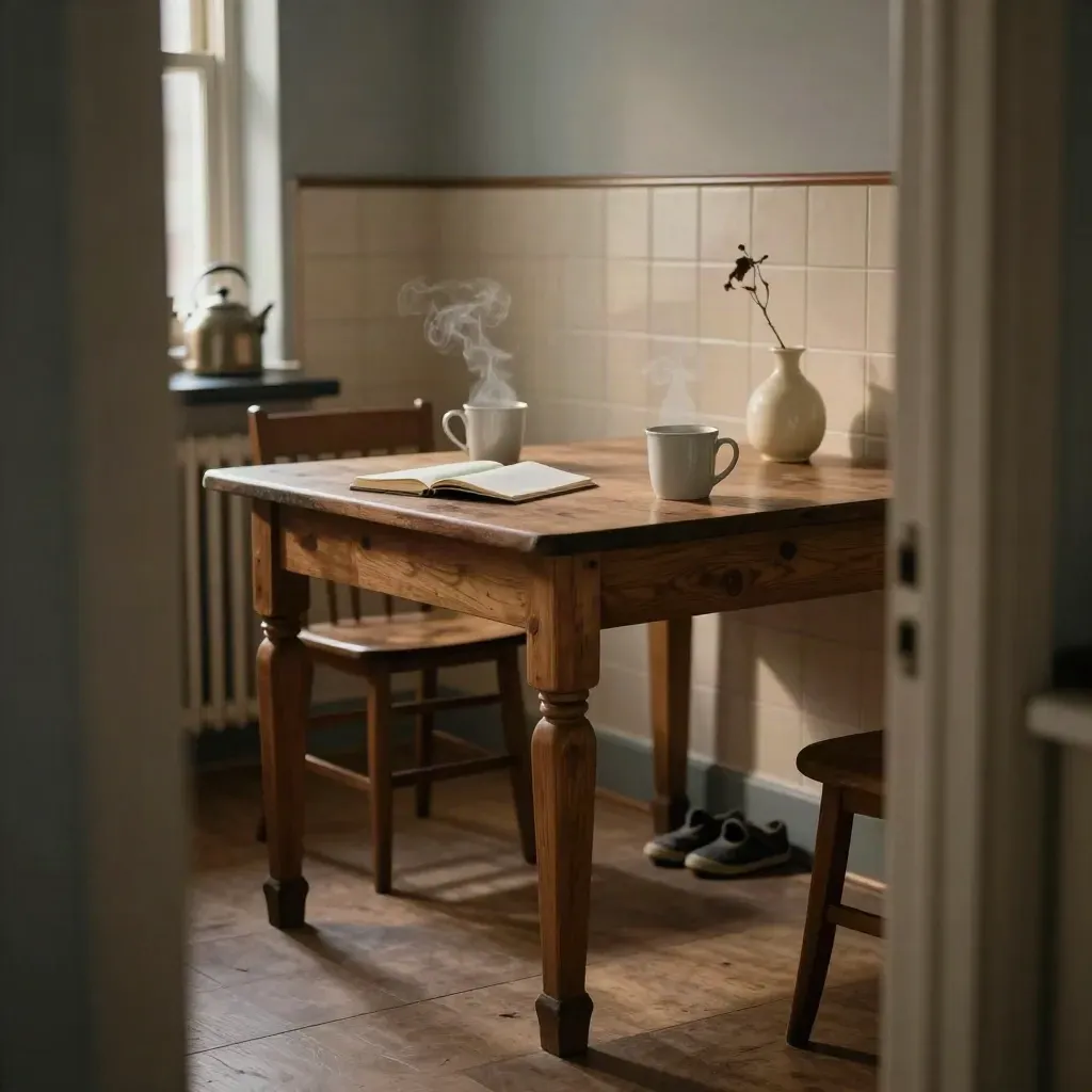 Quiet kitchen table with mugs, notebook, vase, and children’s shoes at dusk.