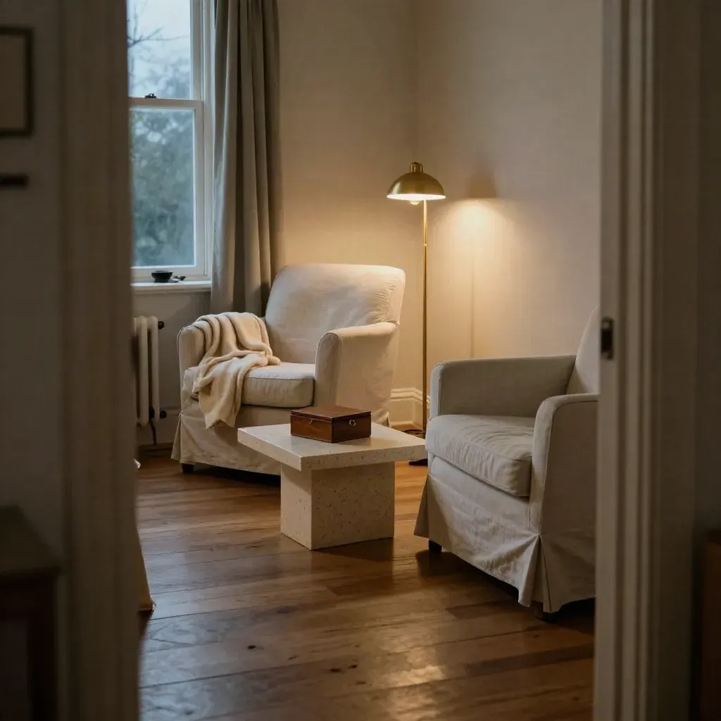 Quiet living room with two chairs, an ivory blanket, and a keepsake box in warm evening light.