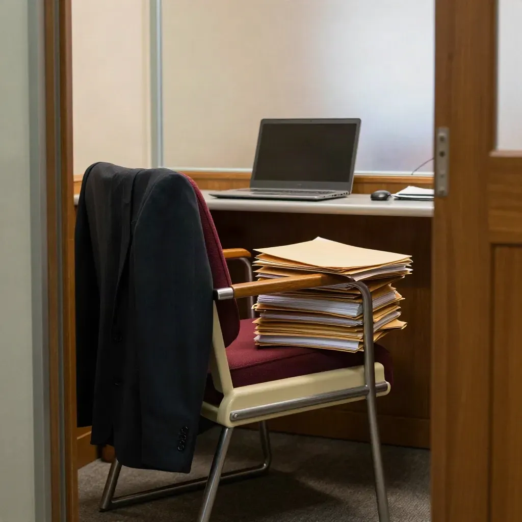 Suit jacket, closed laptop and onboarding folders in a sunlit legal office entrance