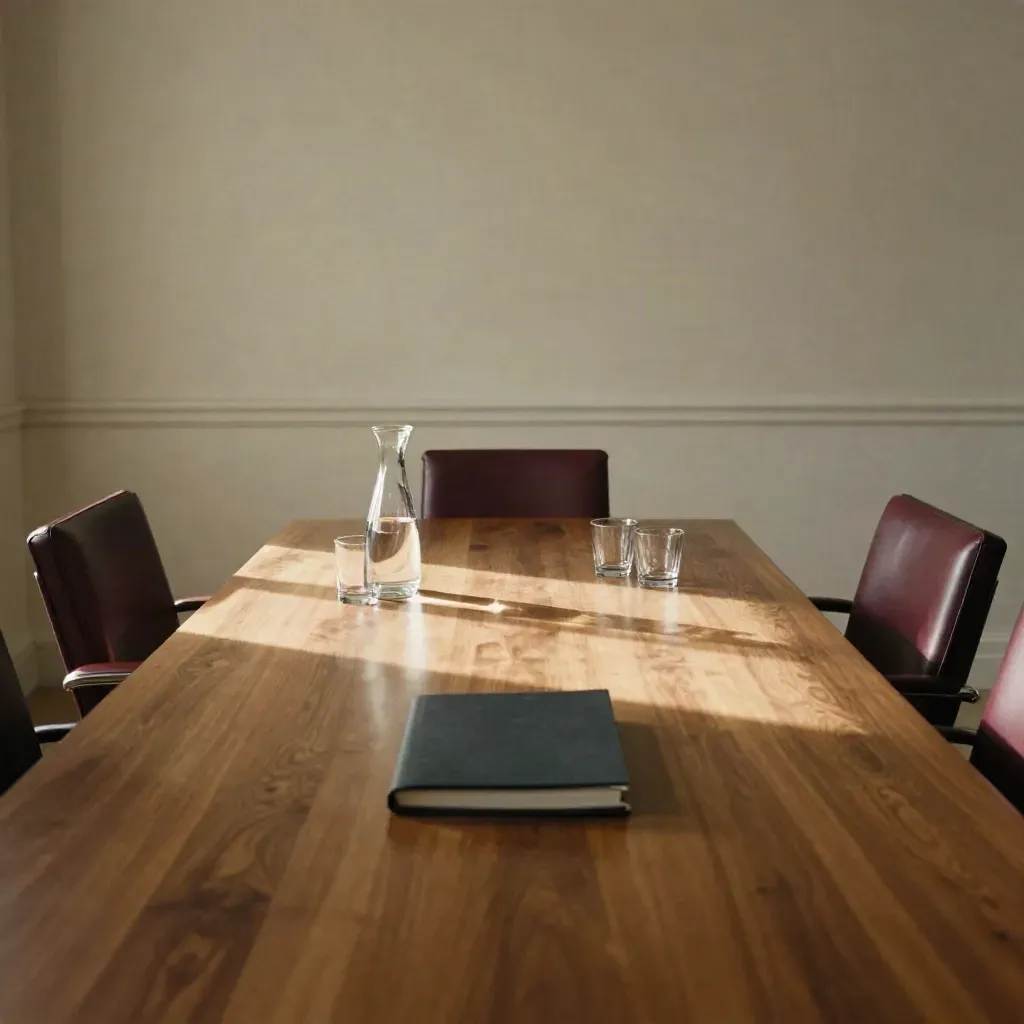 Empty conference room with a portfolio, water carafe and two chairs in dramatic light.