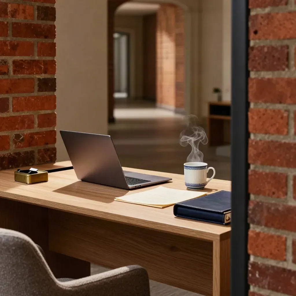 London legal desk with closed laptop, steaming mug, papers, and brick wall in morning light.