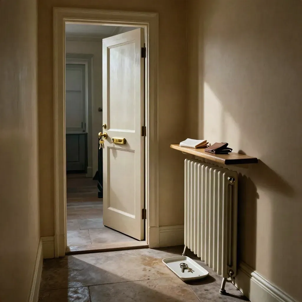Half-open corridor door with brass keys, radiator and console in a refined landlord hallway.