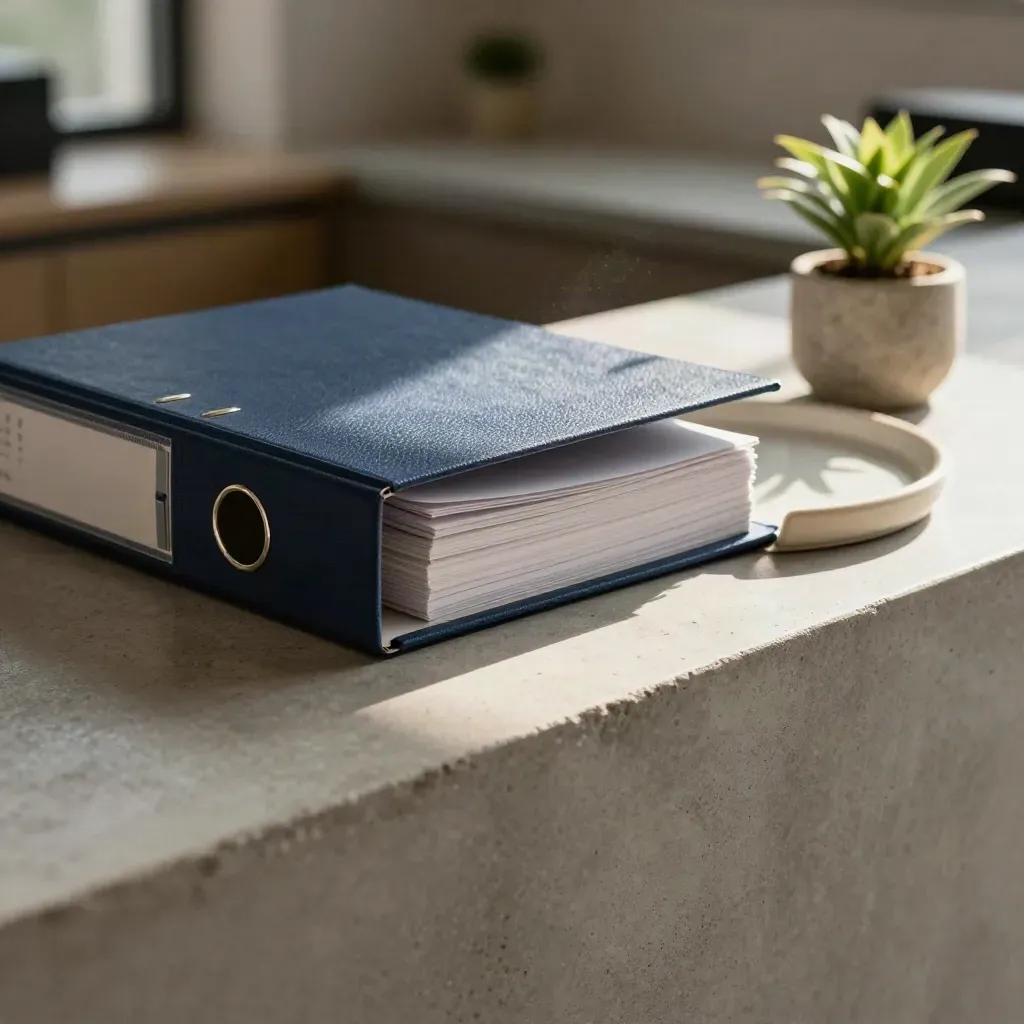 Navy binder, ceramic tray and desk plant on a quiet reception counter in morning light.