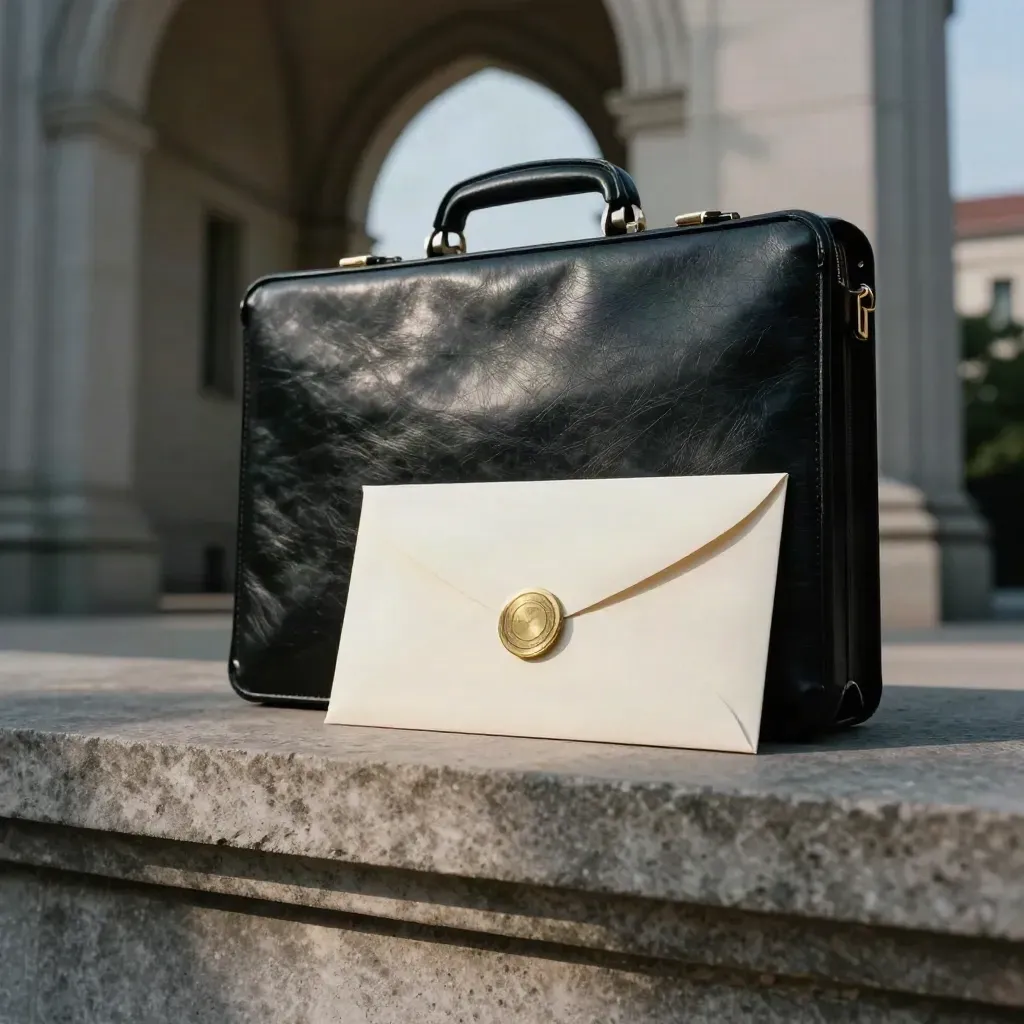 Court envelope, brass stamp, and briefcase on a stone ledge beneath a courthouse arch.
