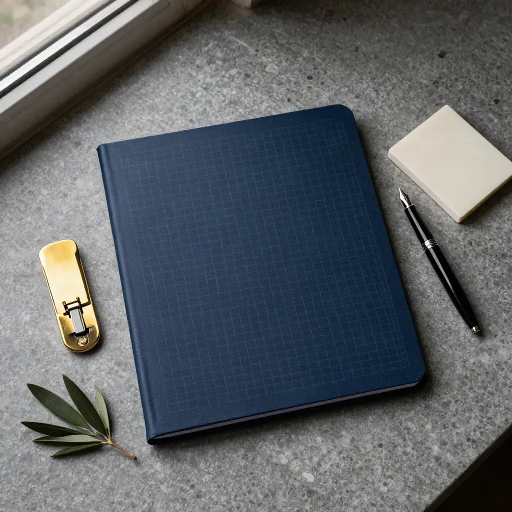 Sealed navy folder with brass opener, fountain pen, blotter and olive sprig on stone.