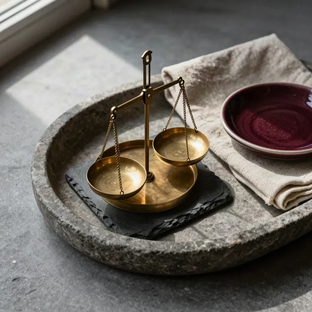 Brass scale with slate, linen, and ceramic dish in a stone tray