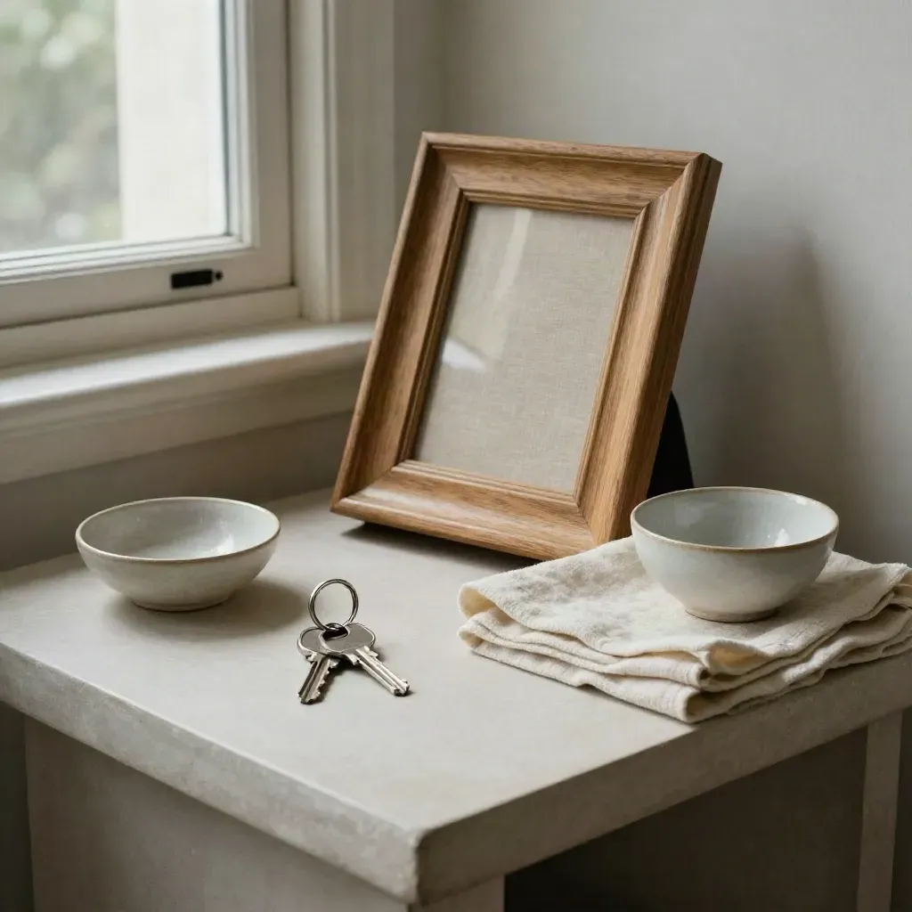 House keys, face-down frame, folded linen and ceramic bowl on a pale console table.